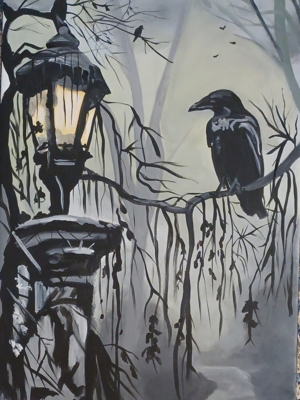 Monochrome Raven Lantern Wall Art - Black and Gray Acrylic Painting